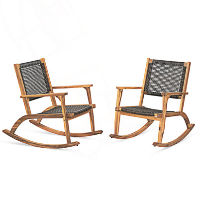 2 Pieces Patio Rocking Chair Set, Outdoor Rockers With Wicker Rattan Seat & Backrest, Comfortable Garden Porch Chairs