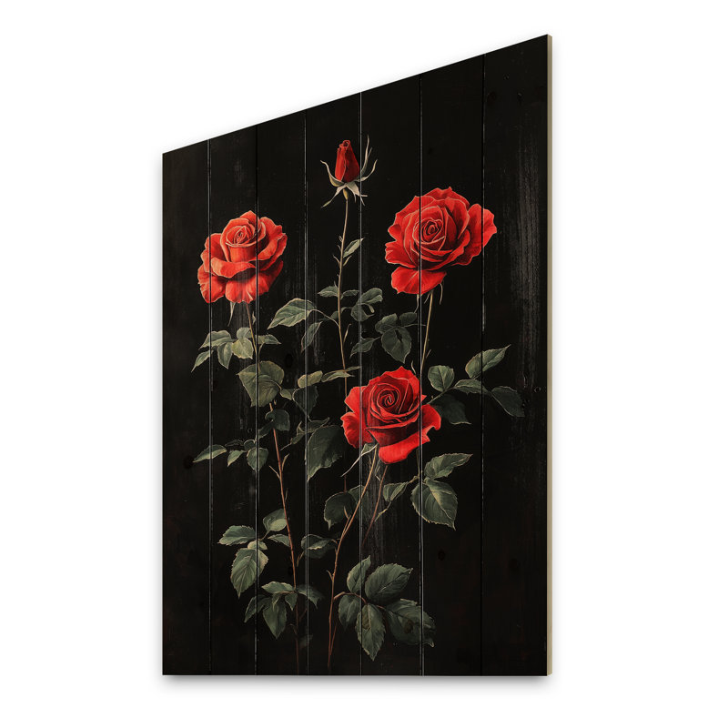Midnight Vivid Rose Flowers Elegance - Roses Wood Wall Decor - On Natural Pine Wood, 32" H x 24" W x 0.78" D