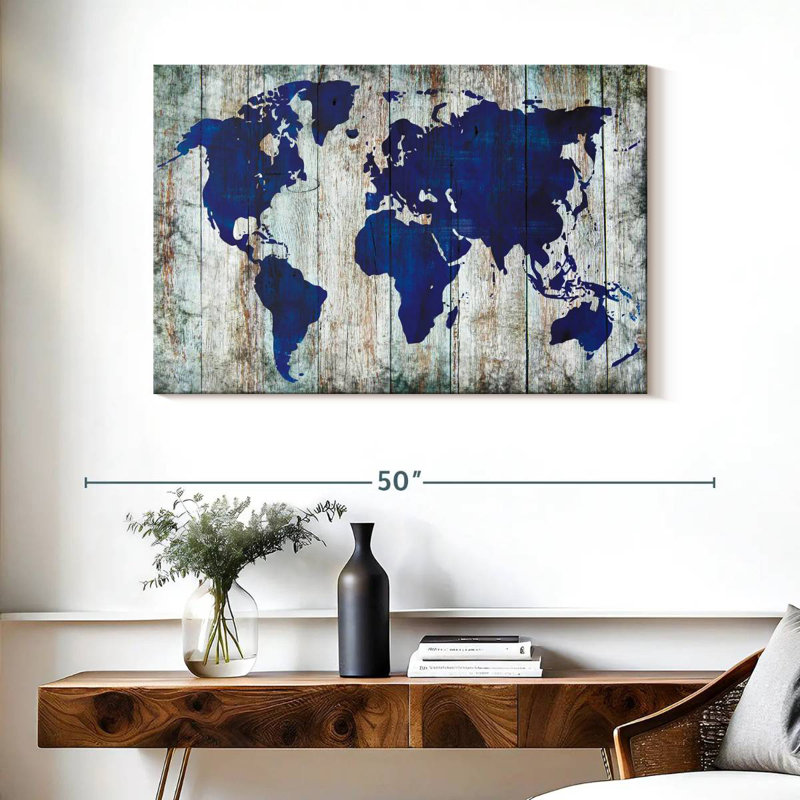 Carte du monde bleu Aliaz sur bois, H 26 po x l 39 po
