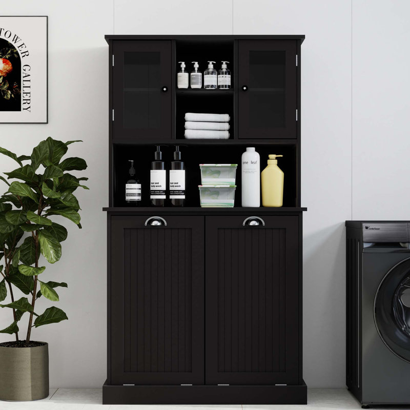 Two-Compartment Tilt-Out Dirty Laundry Basket Tall Bathroom Cabinet With 2 Adjustable Shelves, Black