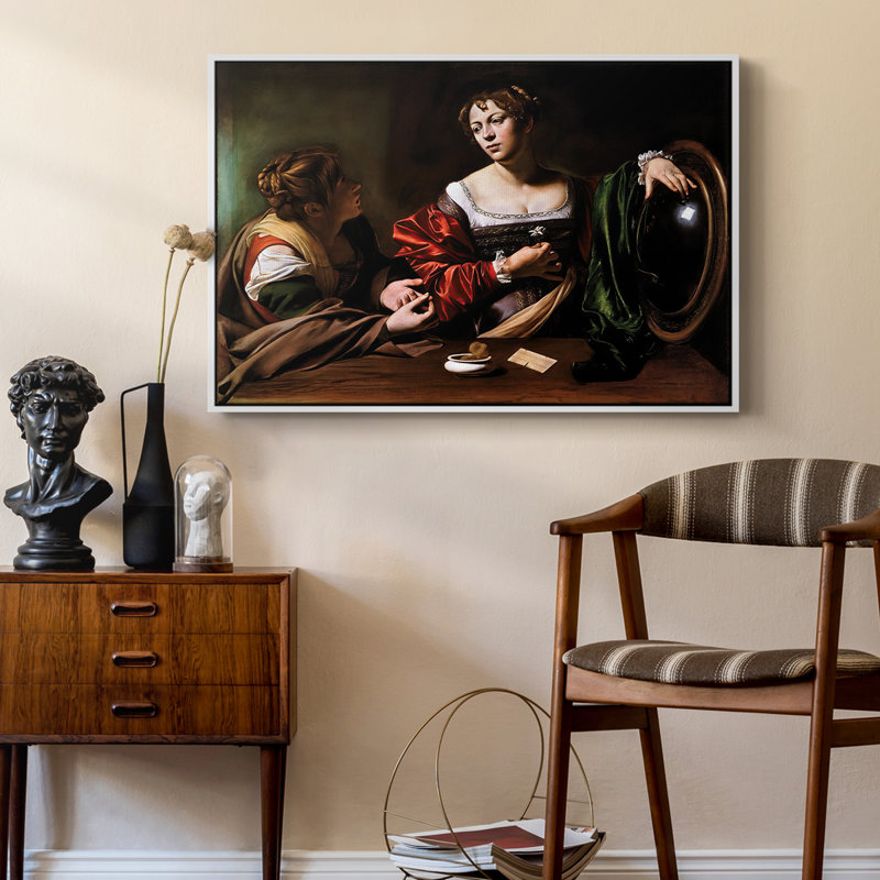 Martha et Mary Magdalene, v. 1598 - Toile tendue avec châssis Caravaggio, 24 po x 36 po, Blanc