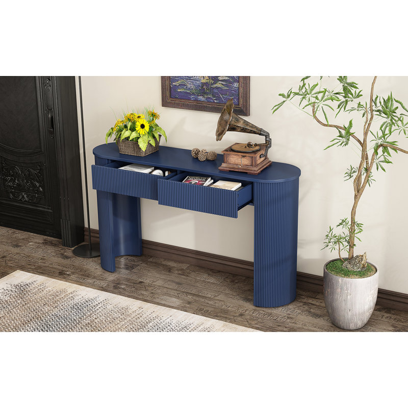 Table d'entrée avec design cannelé, console moderne avec rangement, plateau ovale et 2 tiroirs pour l'entrée et le salon (bleu marine)