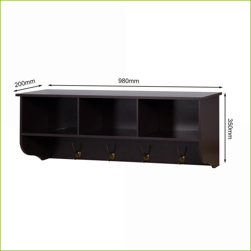 Entryway Coat Rack Wall Mounted with Storage Shelf, 38.6” W, Espresso Finish, 4 Dual Hooks | MDF | Traditional