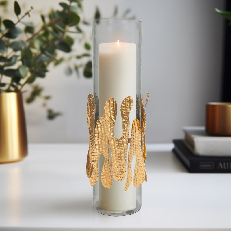 Glass and Metal Pillar Holder with Sculptural Leaf Detail and Cylindrical Body, 20" H x 6" W x 6" D