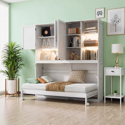 Lit escamotable mural simple avec armoire supérieure et tablettes, conception pliable peu encombrante avec lumière DEL et ports USB, blanc
