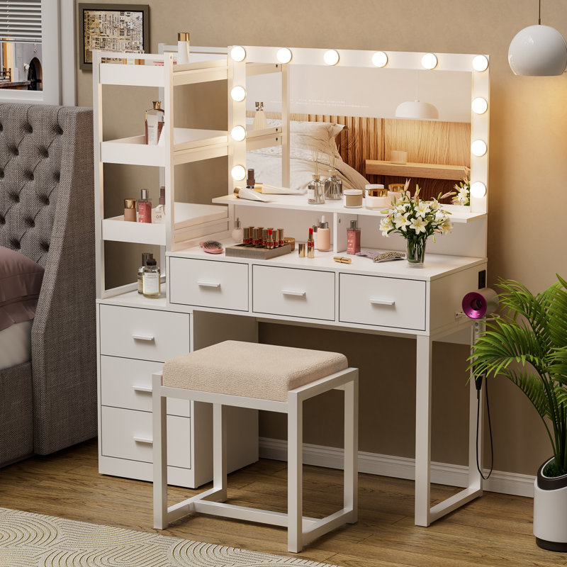 Ensemble coiffeuse avec miroir lumineux Ipava, Blanc / jaune
