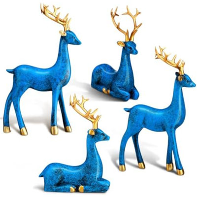 4 pièces décor de renne de Noël petite résine debout debout cerf figurine mini renne décoration de table de Noël pour la maison intérieure vacances de Noël petite statue décoration de table rustique (bleu, or)
