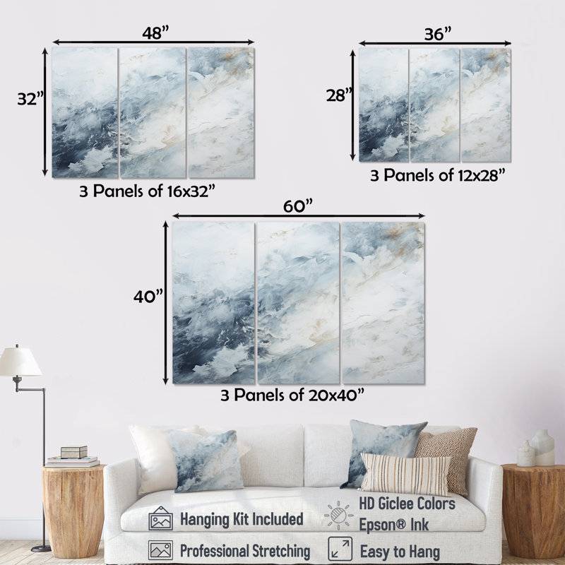 «Blue and White Snow Blooming II - Abstract Shapes», ensemble d'impression d'art mural, H 28 po x l 36 po, Toile tendue