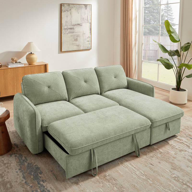 90.9'' L-Shaped Pull-Out Sofa Bed, Green Polyester