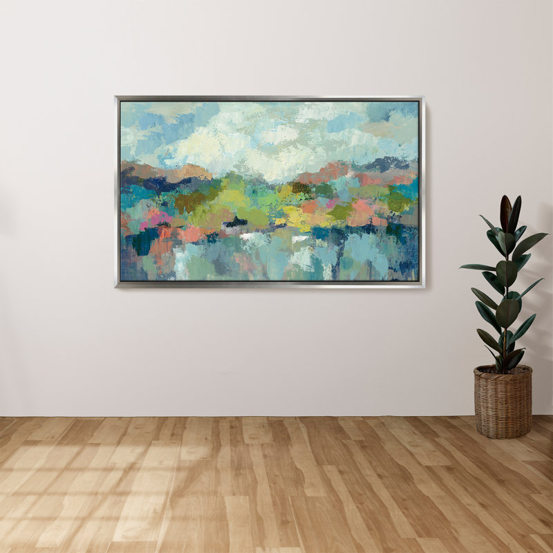 "Abstract Lakeside" par Silvia Vassileva, reproduction sur toile dans un cadre flottant, H 31,5 po x l 51,5 po, Argent argent