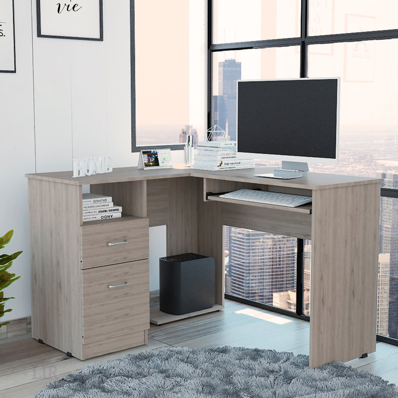 Elegant L-Shaped Desk With Retractable Keyboard Tray, Two Drawers, And Open Shelf In Light Gray, Gray