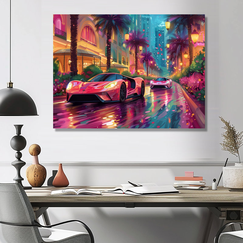 Rose et bleu Miami Exotic Cars - Décoration murale voiture exotique, H 24 po x l 32 po, Sans cadre, métal