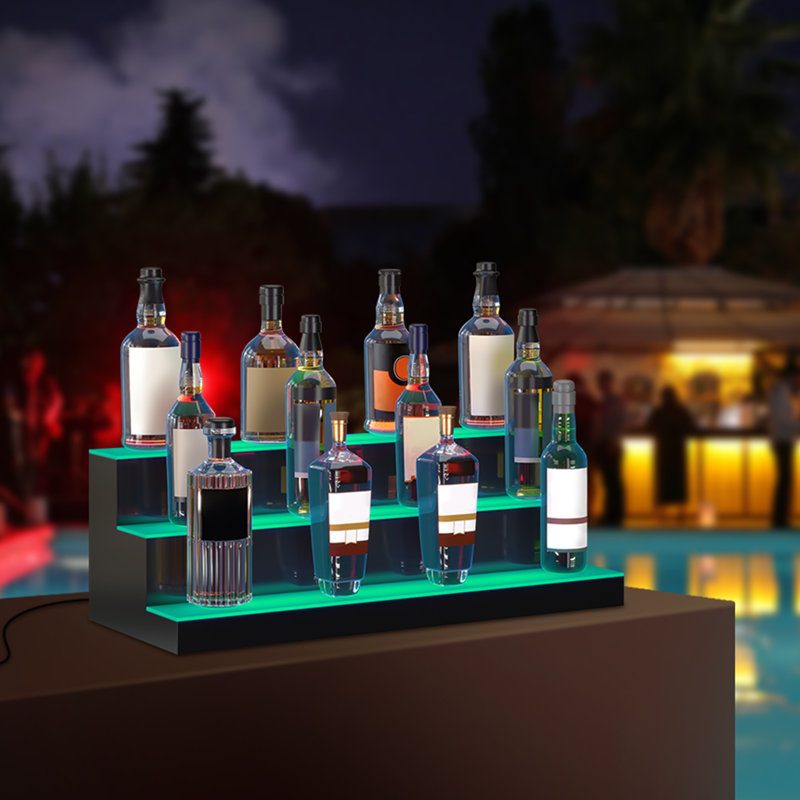 VEVOR LED Lighted Liquor Bottle Display Bar Shelf RF & App Control 30" 3-Step, 10" H x 30" W x 12" D