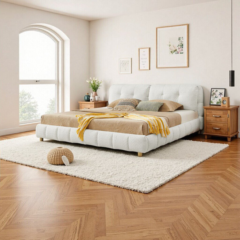 Lit plateforme grand en tissu bouclé de style crème - Structure rembourrée en forme de nuage doux avec pieds en bois massif, aucun sommier nécessaire