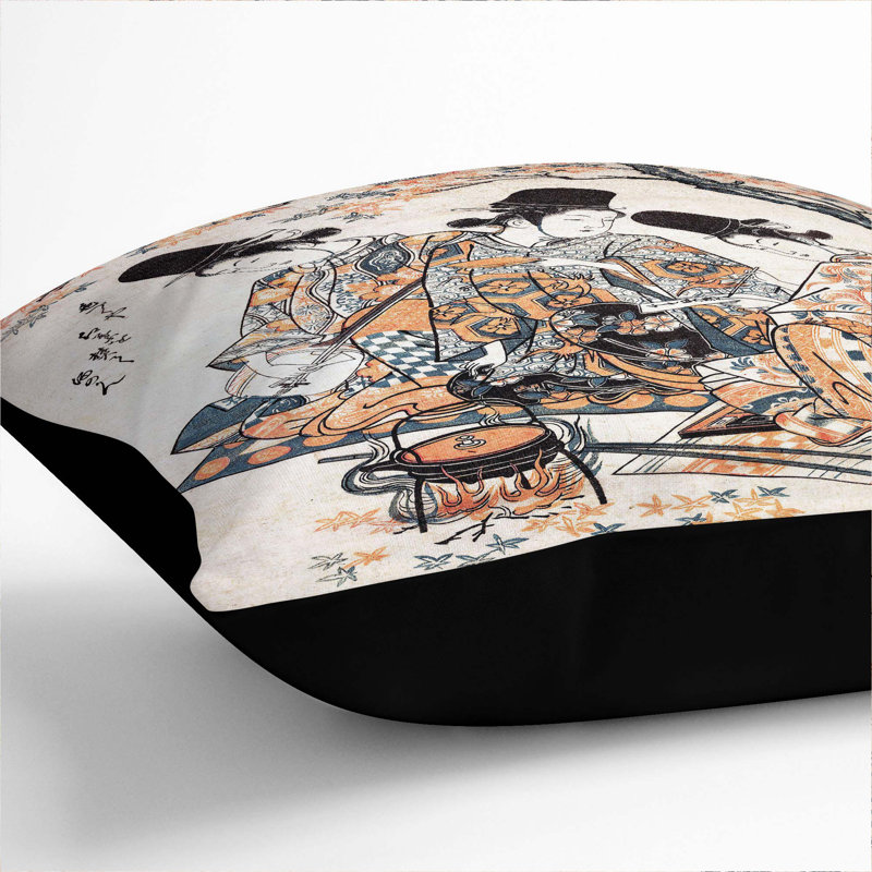 Three Heating Sake by Okumura Masanobu Cushion with Filling, 55cm H x 55cm W x 20cm D, Black