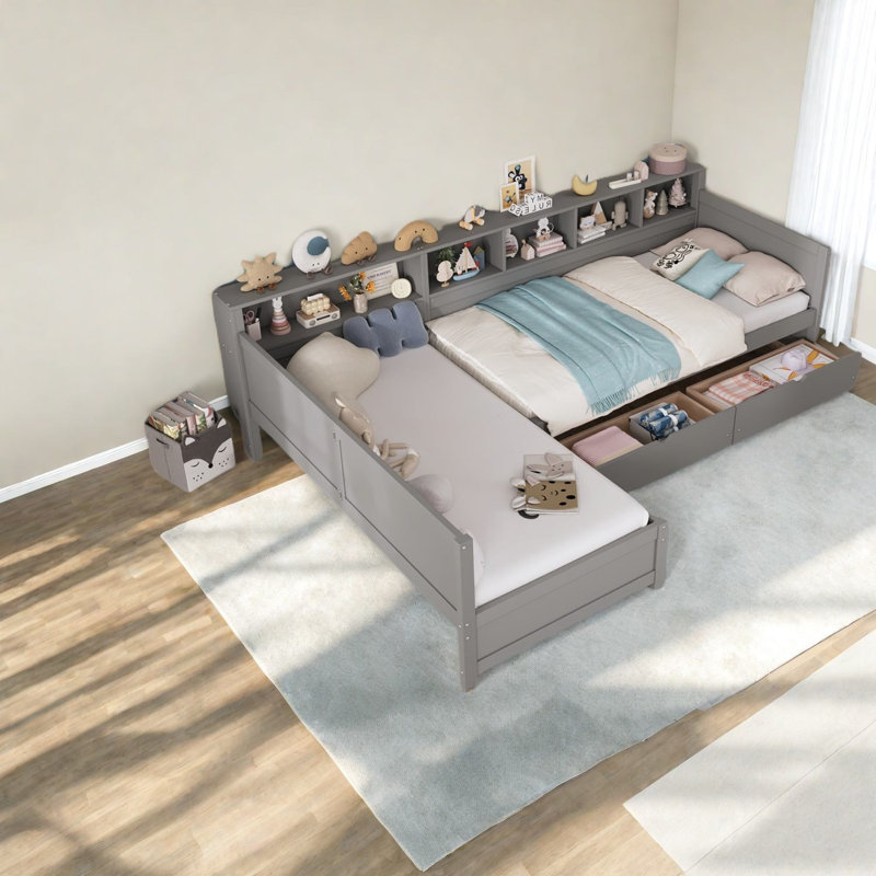 Lits simples peu encombrants avec rangement en bois, conception d'angle moderne et confortable, gris