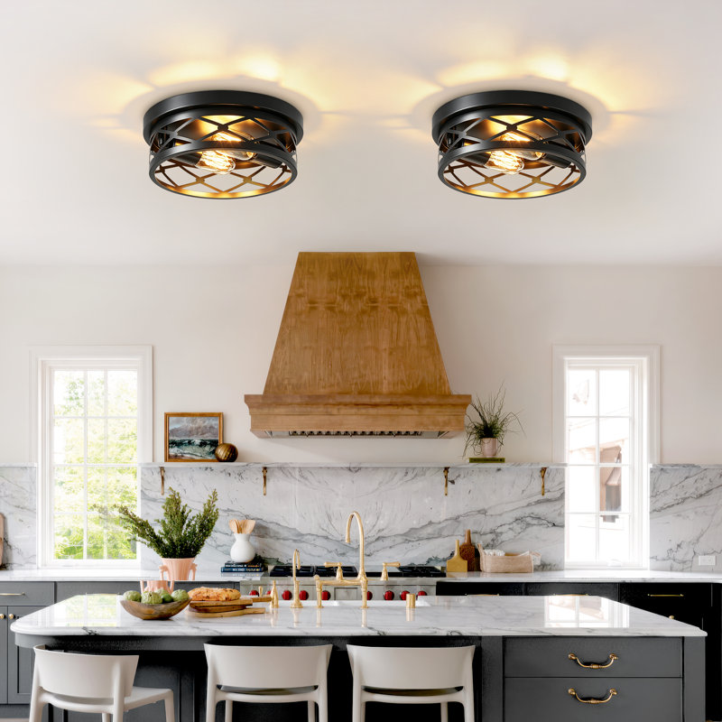 1-Pack Industrial Squre Black Metal 2-Light Flush Mount Ceiling Light (Bulb Not Include)