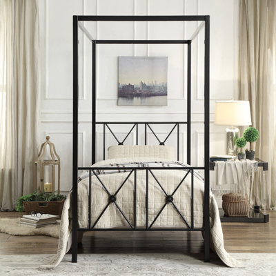 Metal Frame Canopy Twin Bedroom Bed - Black Finish Style In Traditional