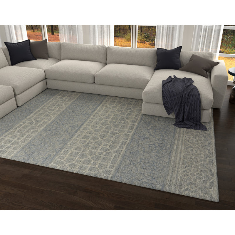 Tapis bleu / gris en laine crocheté à la main Alheli, Tapis de couloir 2 pi 3 po x 8 pi