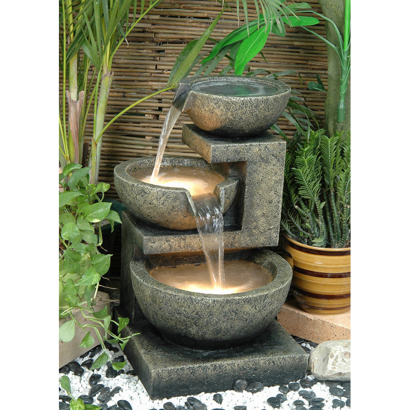 Beige Resin 3-Bowl Fountain with LED Lights