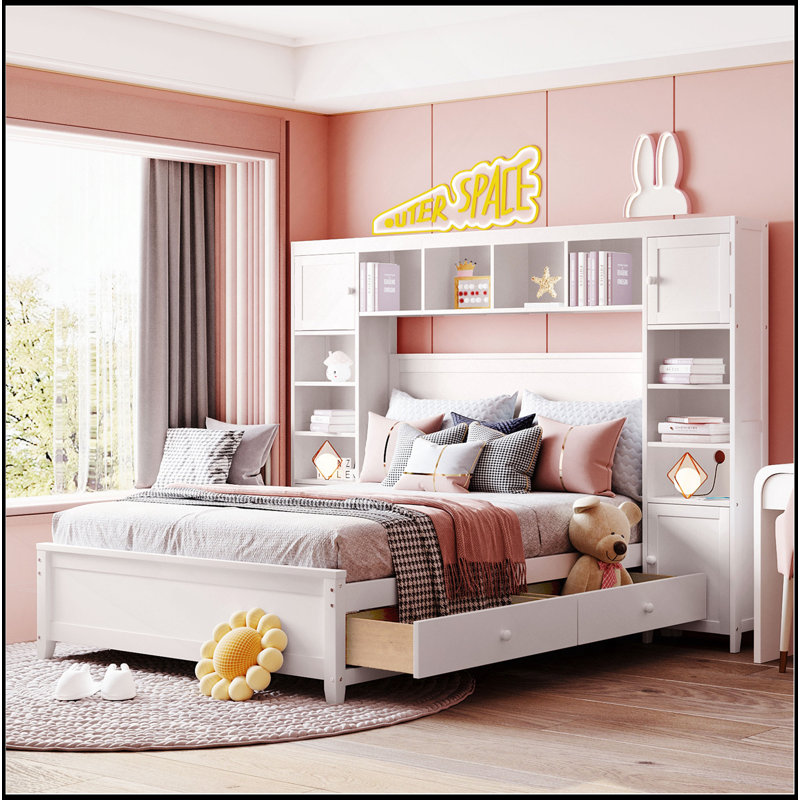 Lit double en bois avec armoire et tablette tout-en-un, blanc, Blanc