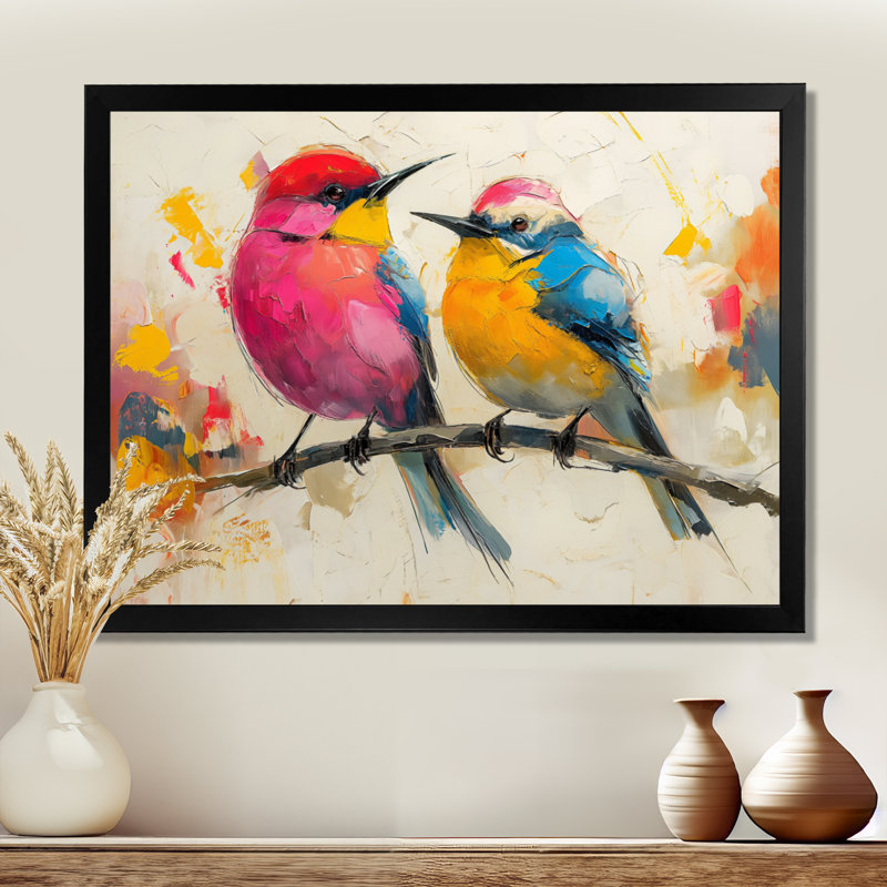 Oiseaux roses et jaunes sur une branche florale, Cadre simple noir, H 12 po x l 20 po x P 1 po