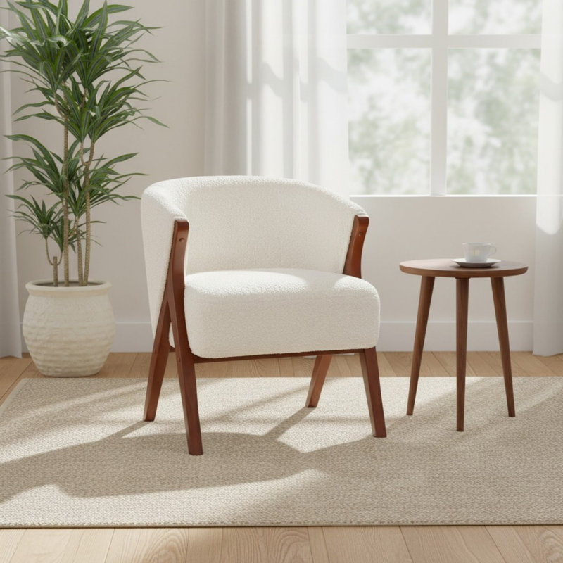 Chaise d'appoint rembourrée avec pieds en bois massif, fauteuil demi-tonneau, Beige