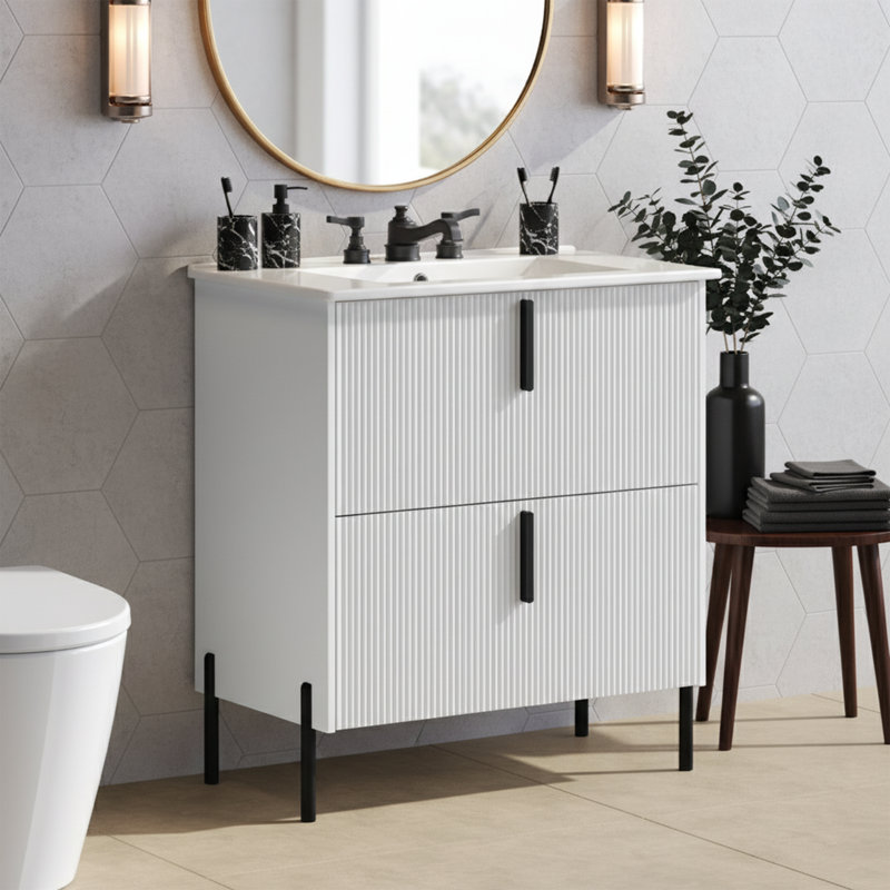  Meuble-lavabo simple de 30 po de largeur avec lavabo en céramique intégré et tiroirs à fermeture en douceur blanc, Blanc