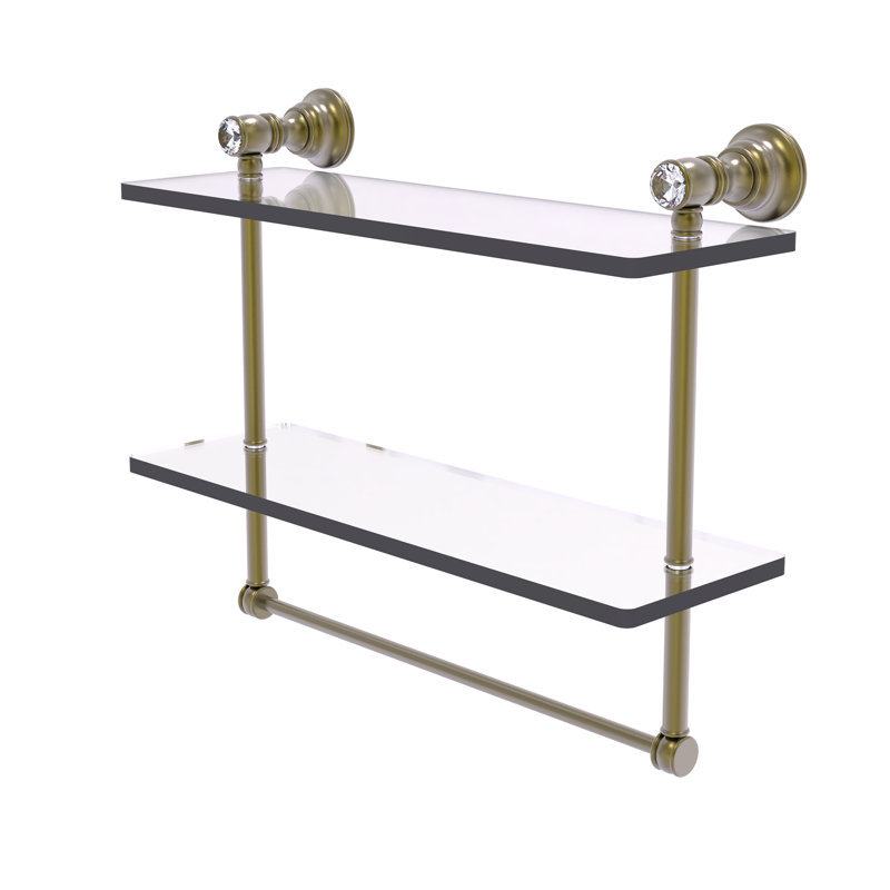 Étagère murale double en cristal Freyja, H 5,54 po x l 16 po x P 9,5 po, Laiton antique