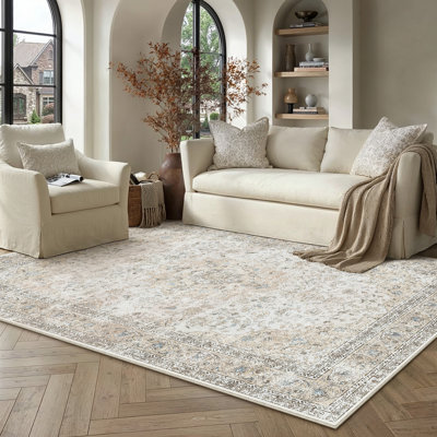 Stella Oriental Beige Area Rug With Non-Slip Backing & Roll-Pack Design