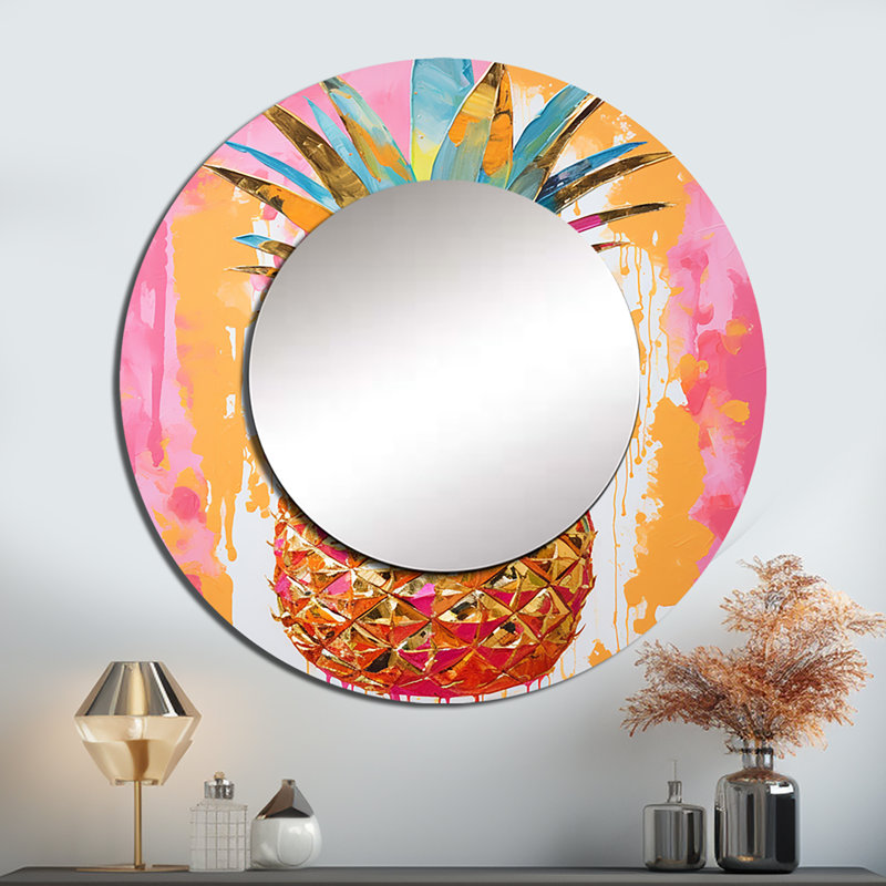 Romantas Golden Geometric Pineapple Fruit I - Fruits Mirror, Pink Round Unique Wall Mirror, Printed Metal Art, 29" x 29"