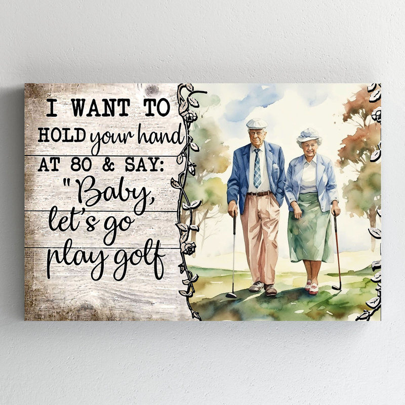 «Old Couple With Dogs And Golf - Baby, Let's Go Play Golf», reproduction d'art graphique sur toile tendue