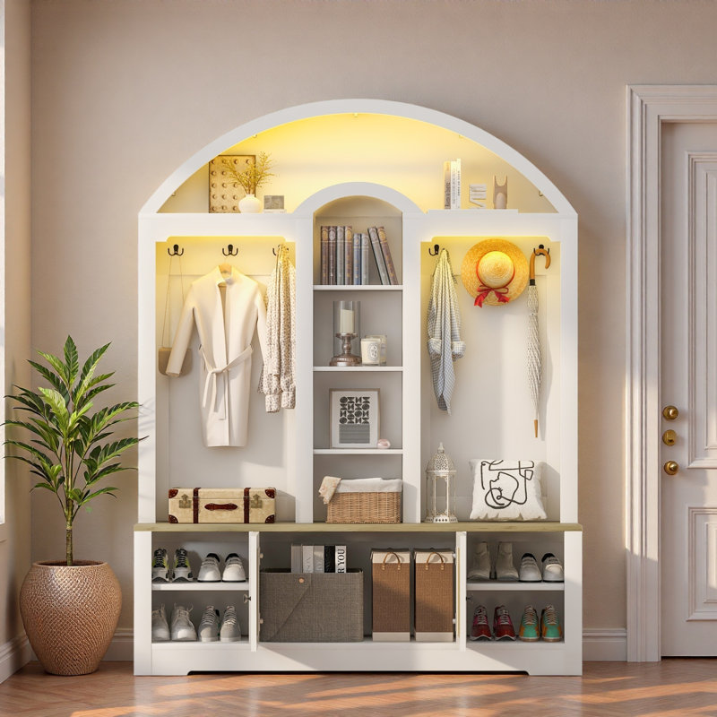 Multi-Functional Wardrobe With Shoe Rack & Hooks – Curved Design, Scandinavian Style, For Entryway Or Living Room, White
