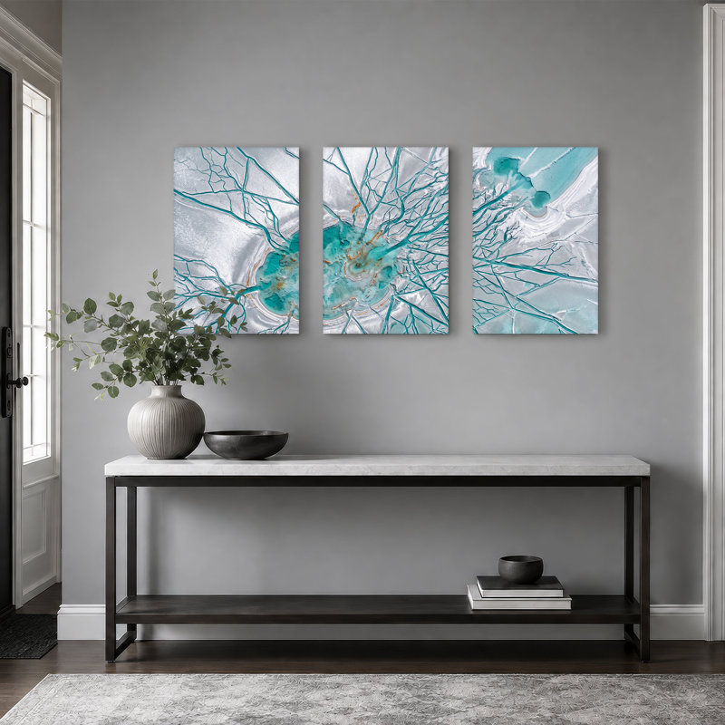 Ensemble de 3 toiles murales représentant des canaux turquoise dans une banquise blanche, H 24 po x l 16 po x 3 pièces
