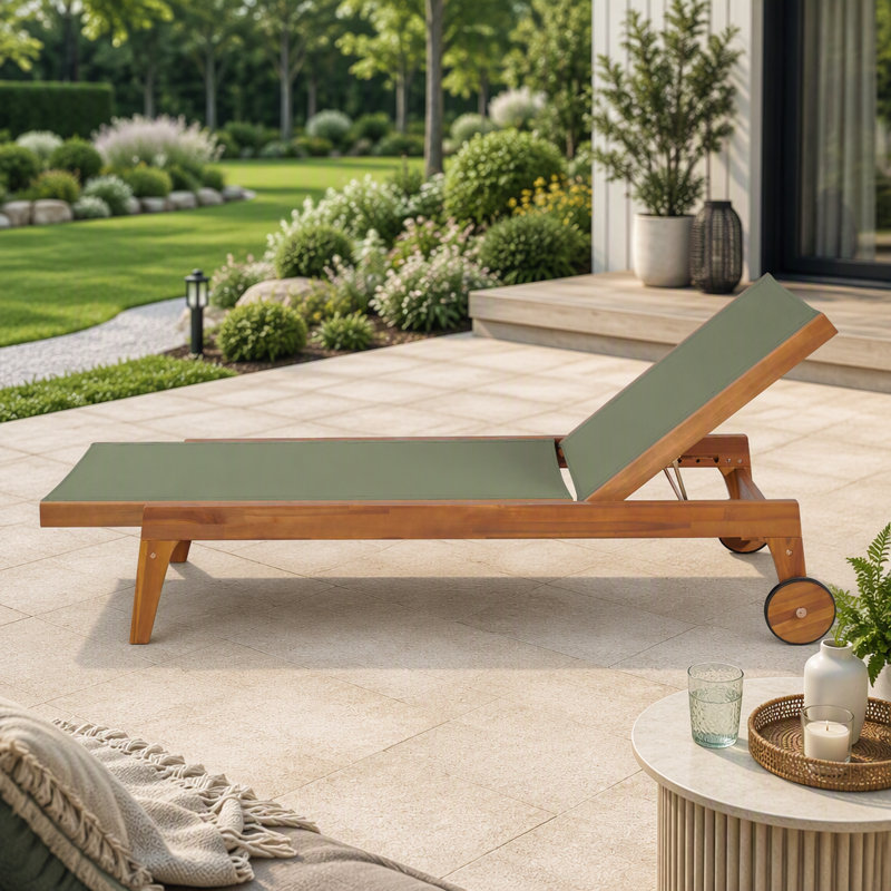 Chaise longue d'extérieur à structure en bois, Vert / Naturel