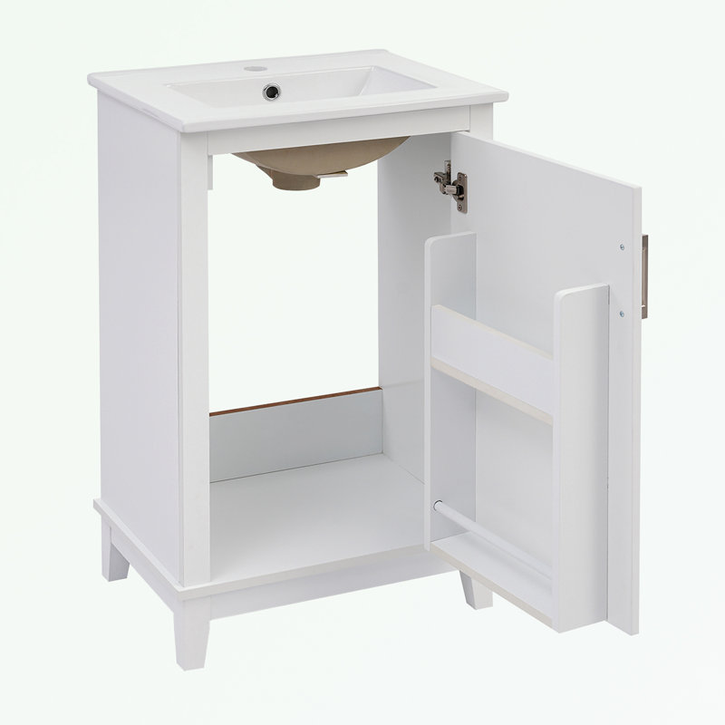 Petit meuble-lavabo moderne avec lavabo en céramique et 1 porte à fermeture douce, Blanc