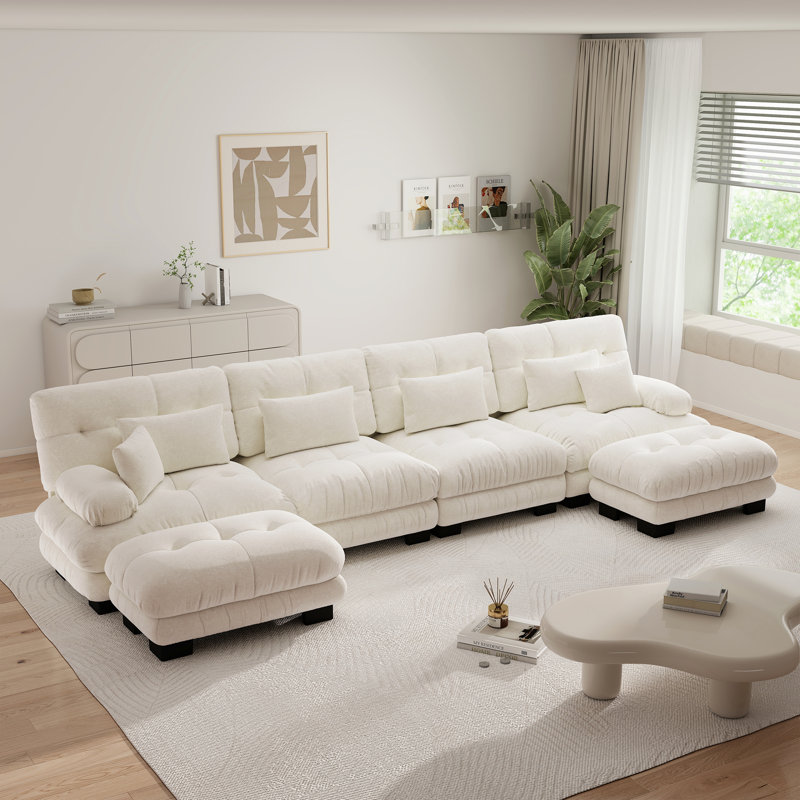 Canapé modulaire en forme de U à combinaison libre avec sièges profonds et 2 repose-pieds convertibles, blanc chenille, Crème