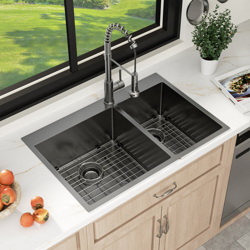 33" L Gunmetal Black Drop In Kitchen Sink 16 Gauge 60/40 Double Bowl Stainless Steel Sink with Sink Grids