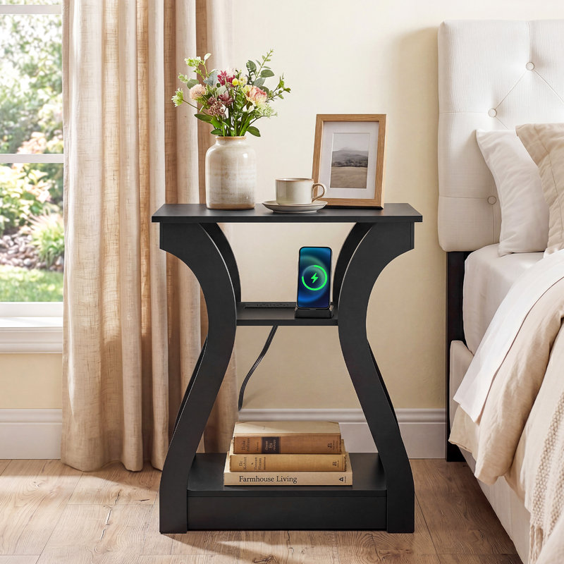 Table de chevet de 19,7 po de largeur avec station de charge et 2 tablettes de rangement, Noir, 2