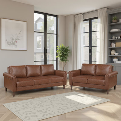 Kohlmeier Modern & Contemporary Faux Leather 2-Piece Living Room Set with Classic Rolled Arm Design, Foam & Pocket Coil Seating & Stylish Faux Wood Brown Feet