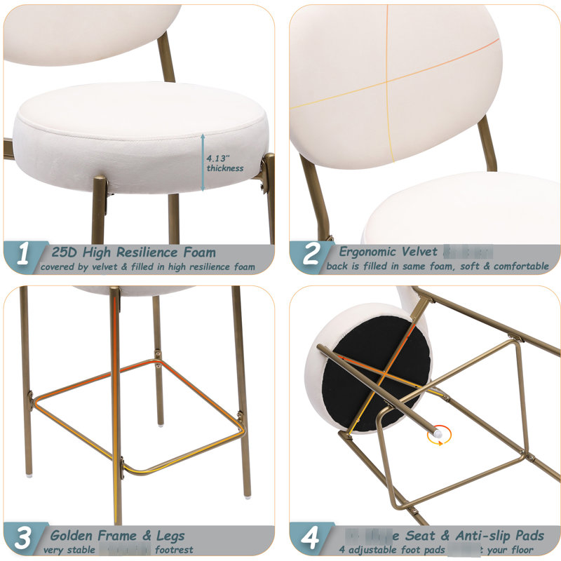 Chaise de bar moderne, cuir d'unité centrale blanc crème, structure en métal, confortable, de 2 paires de comptoirs pour la maison de 29 po, faux et repose-pieds, support