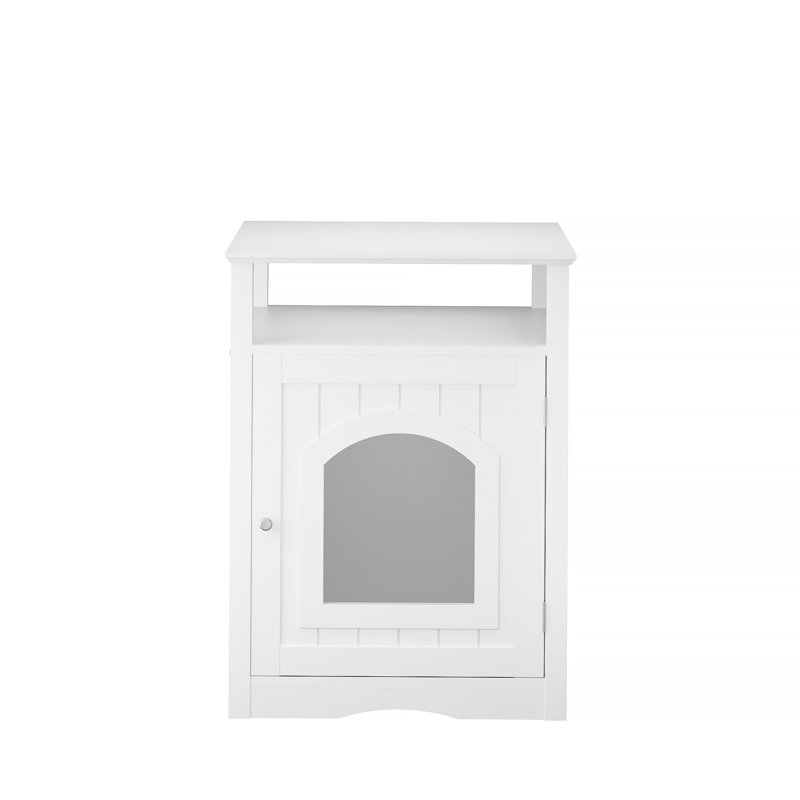 Enceinte de litière moderne en bois avec tablette de rangement et armoire cachée pour l'intérieur.