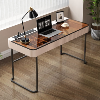 Winningham Glass Top Metal Base Writing Desk with Power Outlet
