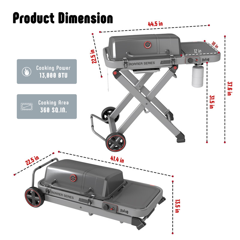 Feasto Portable Foldable Propane Gas Grill With Cleaning Brush, Matte Black