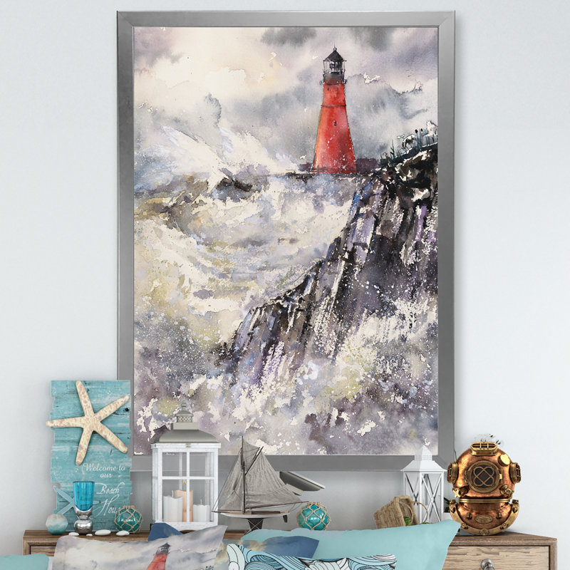 Phare gris, paysage orageux, reproduction d'art sur toile, H 32 po x l 16 po x P 1 po, Toile avec cadre photo argenté