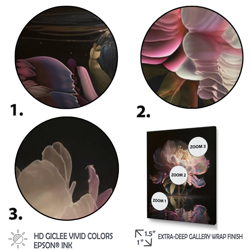 Décoration murale pivoines roses et noires - pivoines florales, L 12 po x H 20 po, Cadre flottant noir