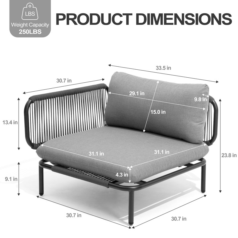 Canapé modulaire d'extérieur 100,4 po en métal, Coussin gris / cadre noir
