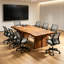 Ensemble de table de conférence en bois massif à bords naturels avec 8 chaises de bureau ergonomiques en maille-494602828-494592873