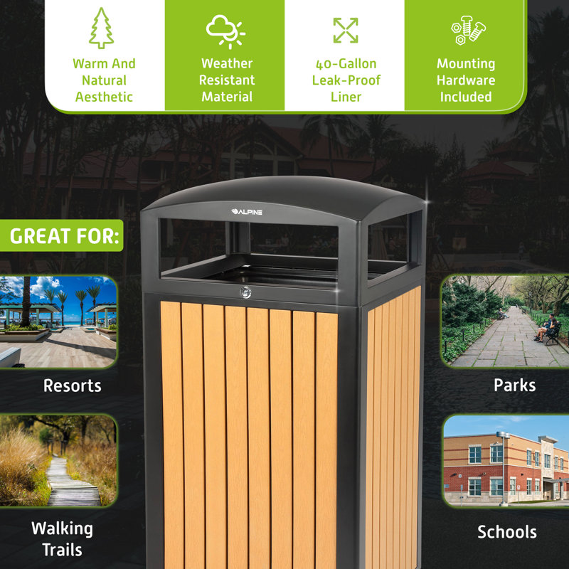 Steel With Plastic Slatted Panels 40 Gallon Curbside Outdoor Trash Can, Brown