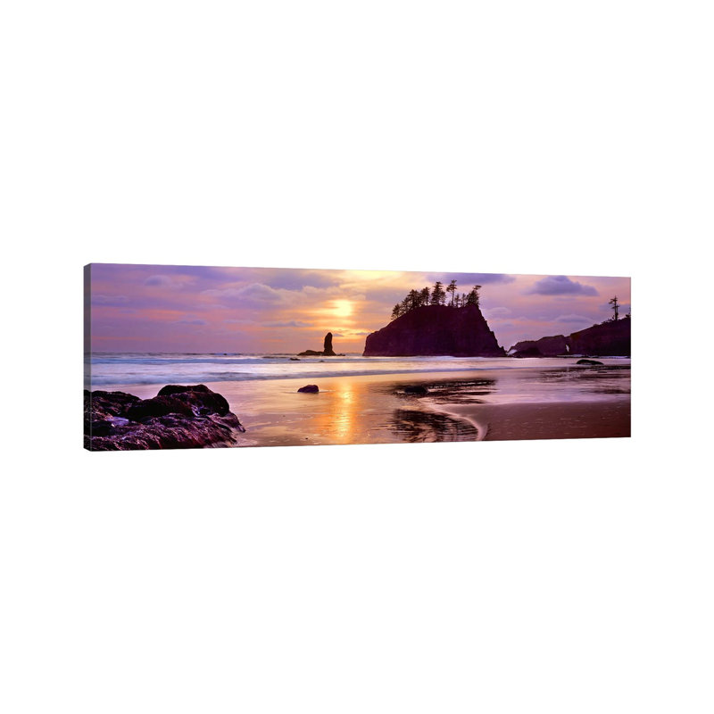 Silhouette Of Sea Stacks At Sunset, Second Beach, Olympic National Park, Washington State, USA #2 by Panoramic Images - Wrapped Canvas Panoramic Print